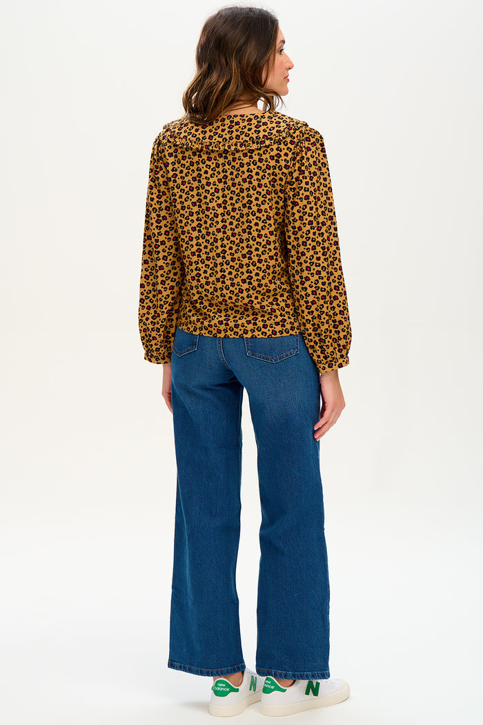 Henna Frill Blouse - Tan, Animal Floral