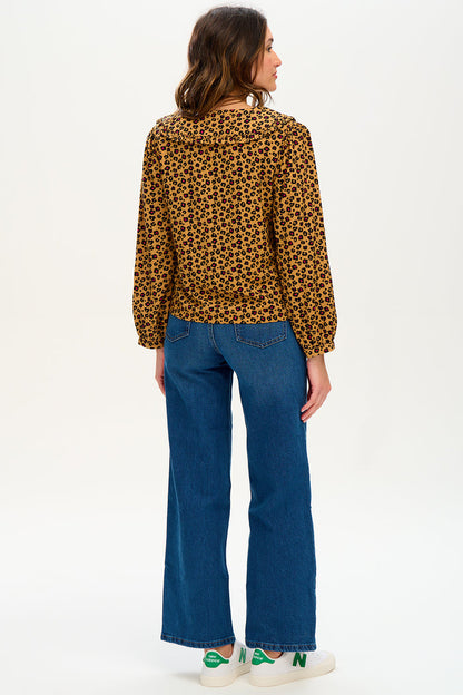Henna Frill Blouse - Tan, Animal Floral