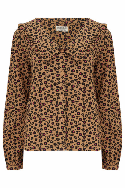 Henna Frill Blouse - Tan, Animal Floral