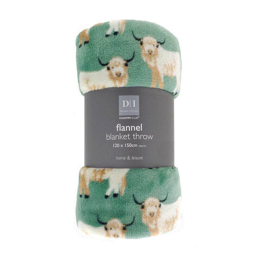 Highland cows pattern green flannel blanket throw in sleeve packaging