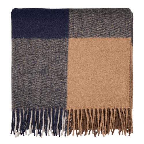 Highland Earth Tone Block Check Recycled Wool Blend Blanket - CAMEL NAVY - Heritage Of Scotland -