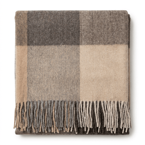 Highland Earth Tone Block Check Recycled Wool Blend Blanket - SOFT STONE - Heritage Of Scotland -