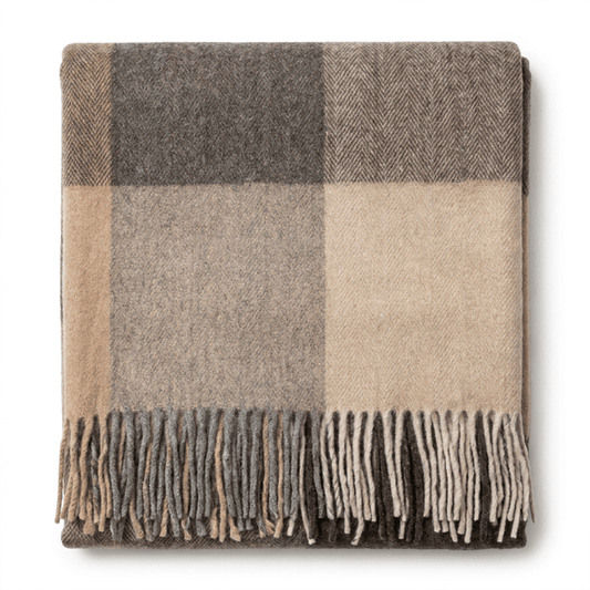Highland Earth Tone Block Check Recycled Wool Blend Blanket - SOFT STONE - Heritage Of Scotland -
