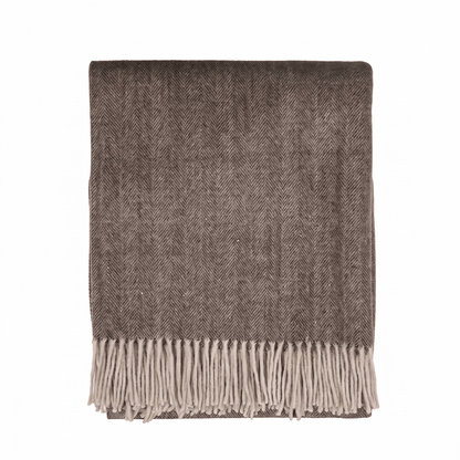 Highland Herringbone Wool Blend Throw Blanket with Tasselled Fringe - DEEP BROWN - Heritage Of Scotland -
