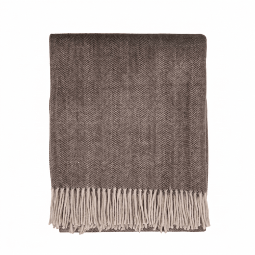 Highland Herringbone Wool Blend Throw Blanket with Tasselled Fringe - DEEP BROWN - Heritage Of Scotland -