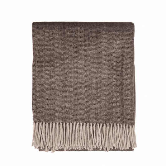 Highland Herringbone Wool Blend Throw Blanket with Tasselled Fringe - DEEP BROWN - Heritage Of Scotland -