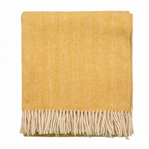 Highland Herringbone Wool Blend Throw Blanket with Tasselled Fringe - MUSTARD - Heritage Of Scotland -