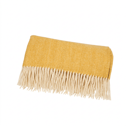 Highland Herringbone Wool Blend Throw Blanket with Tasselled Fringe - MUSTARD - Heritage Of Scotland -