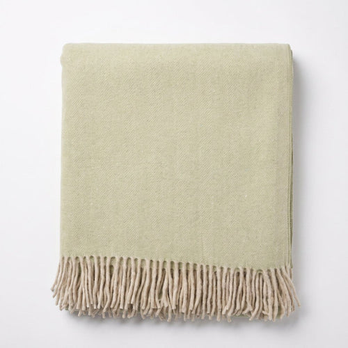 Highland Herringbone Wool Blend Throw Blanket with Tasselled Fringe - SAGE GREEN - Heritage Of Scotland -