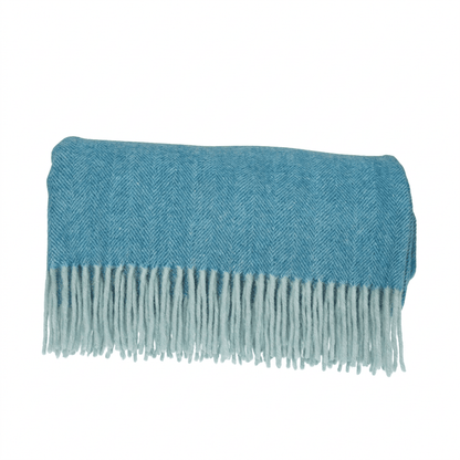 Highland Herringbone Wool Blend Throw Blanket with Tasselled Fringe - TURQUOISE - Heritage Of Scotland -