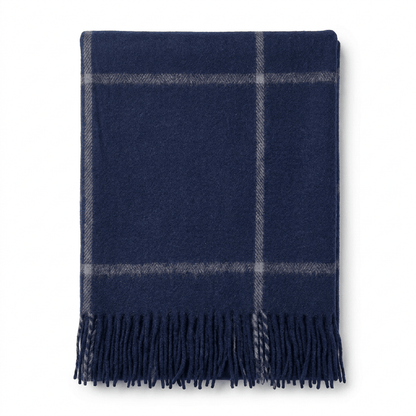 Highland Windowpane Wool Blend Throw Blanket with Tasselled Fringe - BLACK IRIS AND LATTE - Heritage Of Scotland -