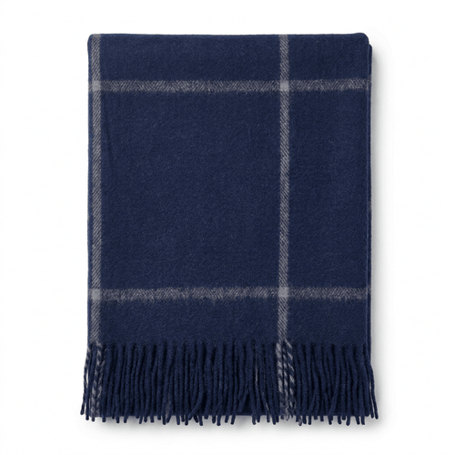 Highland Windowpane Wool Blend Throw Blanket with Tasselled Fringe - BLACK IRIS AND LATTE - Heritage Of Scotland -