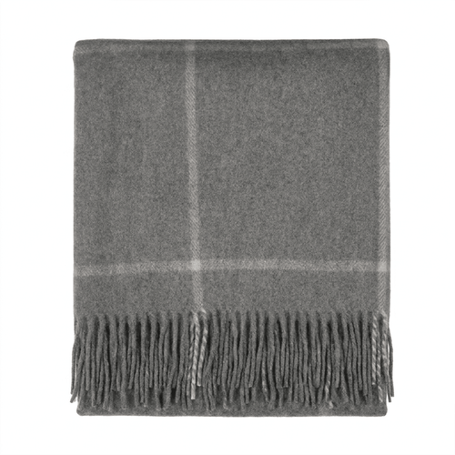 Highland Windowpane Wool Blend Throw Blanket with Tasselled Fringe - GRANITE GREY - Heritage Of Scotland -