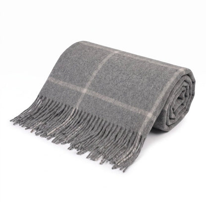 Highland Windowpane Wool Blend Throw Blanket with Tasselled Fringe - GRANITE GREY - Heritage Of Scotland -