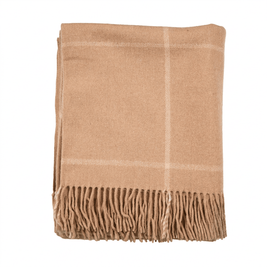 Highland Windowpane Wool Blend Throw Blanket with Tasselled Fringe - LATTE/ PRISTINE - Heritage Of Scotland -