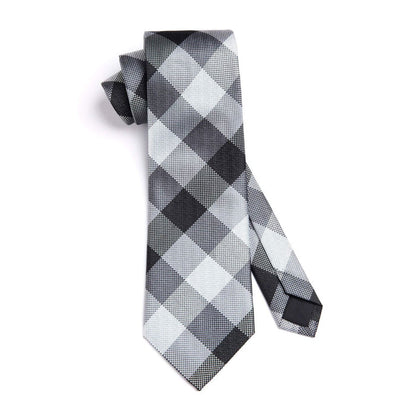 Plaid Tie Handkerchief Set - BLACK/GRAY/WHITE