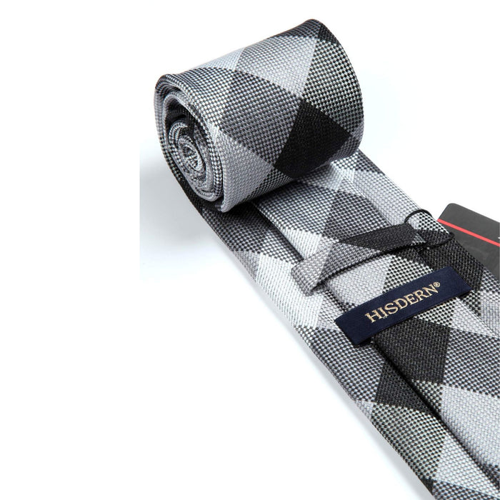 Plaid Tie Handkerchief Set - BLACK/GRAY/WHITE