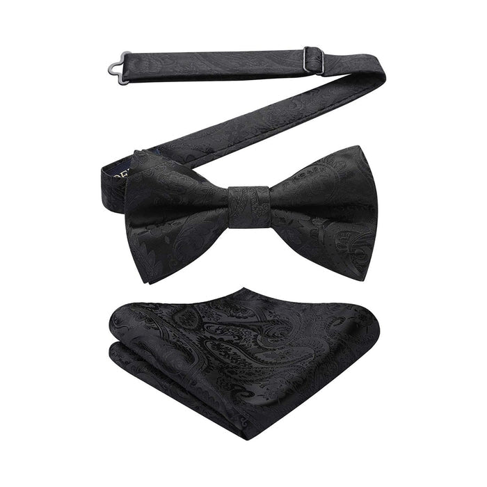 Paisley Pre-Tied Bow Tie & Pocket Square - BLACK