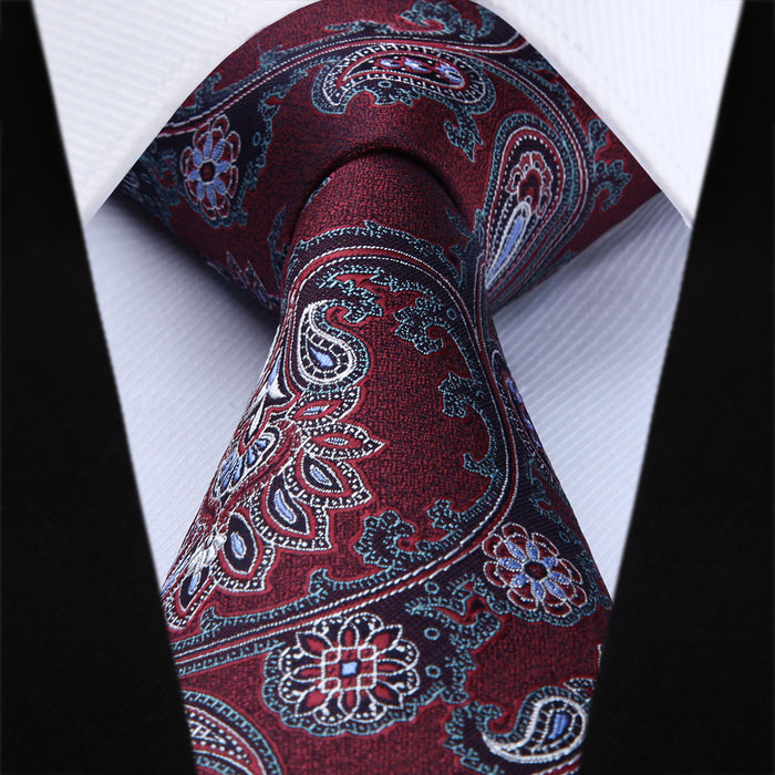 Paisley Floral Tie Handkerchief Set - BURGUNDY/WHITE