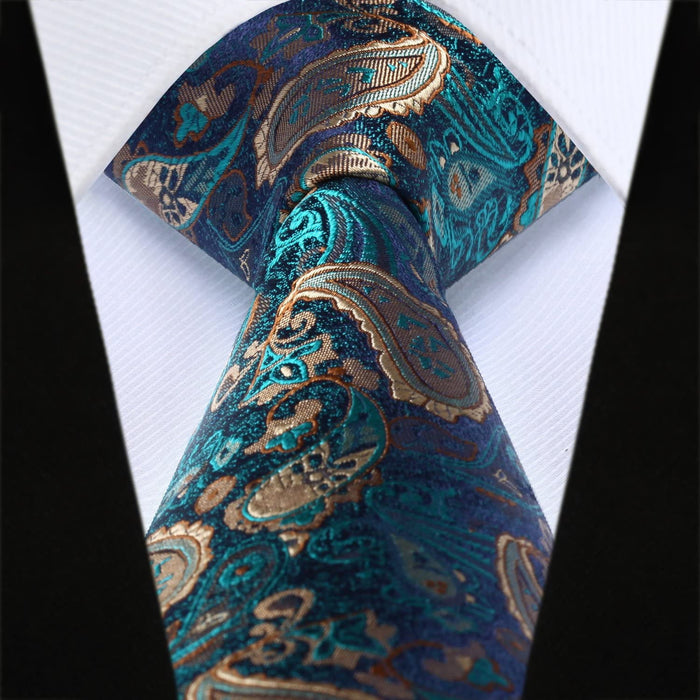 Paisley Floral Tie Handkerchief Set - GREEN/GOLD