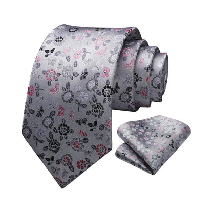 Floral Tie Handkerchief Set - B-GRAY/PINK