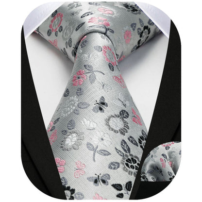 Floral Tie Handkerchief Set - B-GRAY/PINK