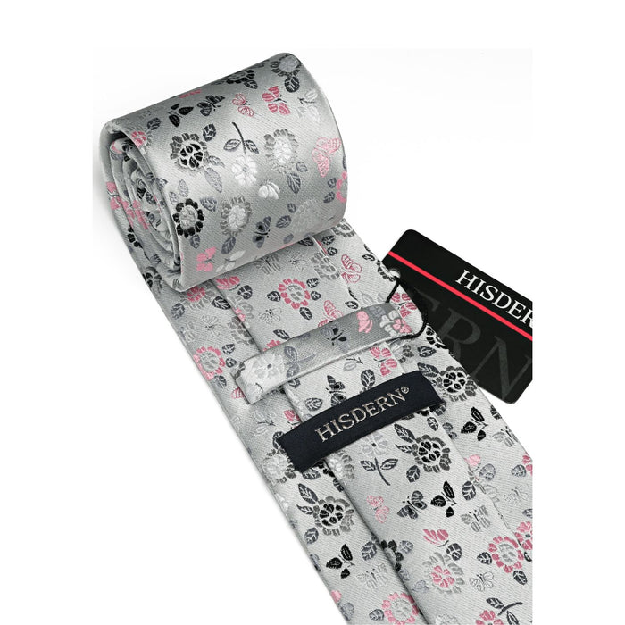 Floral Tie Handkerchief Set - B-GRAY/PINK