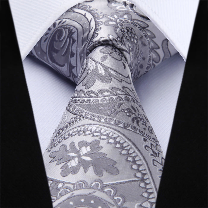 Paisley Floral Tie Handkerchief Set - GRAY/WHITE