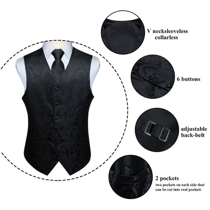 Paisley Vest Tie Handkerchief Set Black 3