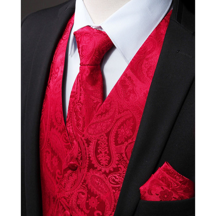 Paisley Vest Tie Handkerchief Set - RED