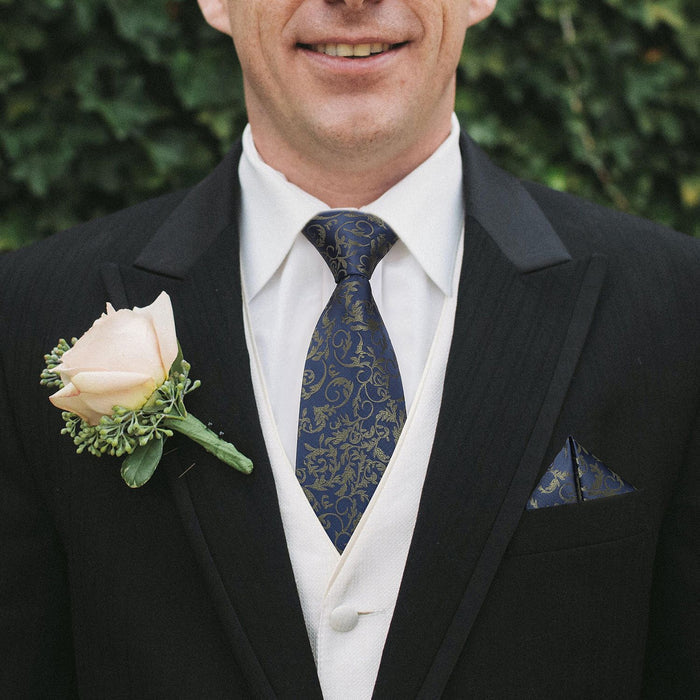 Floral Tie Handkerchief Set - A NAVY BLUE/BROWN