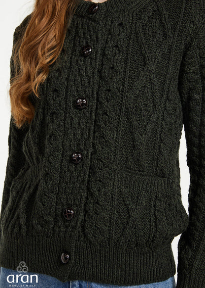 Inagh Ladies Aran Cardigan | Army Green | 100% Worsted Wool