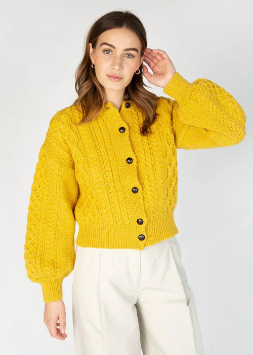 Cropped Aran Cardigan in Sunflower Yellow | 100% Merino Wool | IrelandsEye
