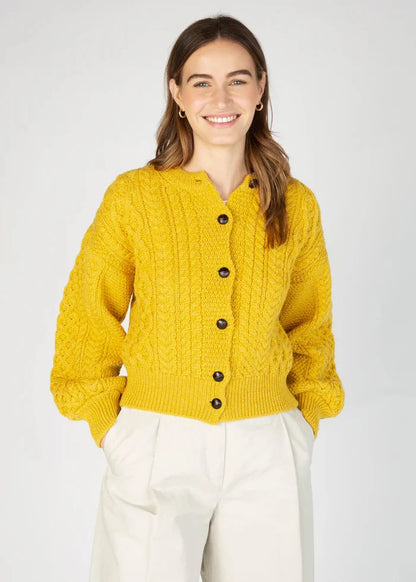 Cropped Aran Cardigan in Sunflower Yellow | 100% Merino Wool | IrelandsEye