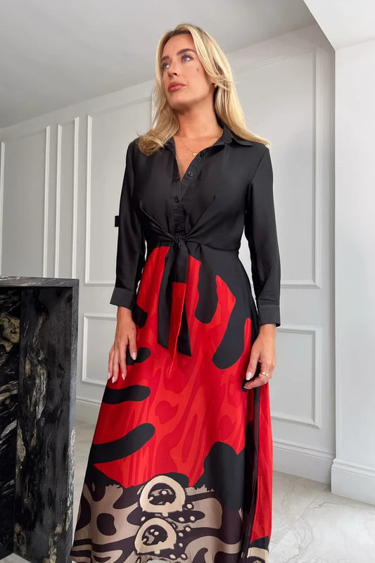 ISABELLA RED LEAF TIE FRONT DRESS