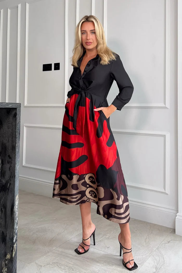 ISABELLA RED LEAF TIE FRONT DRESS