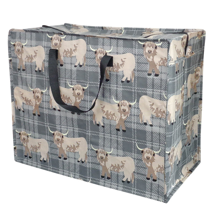Storage box with highland cow pattern on a gray checkered background