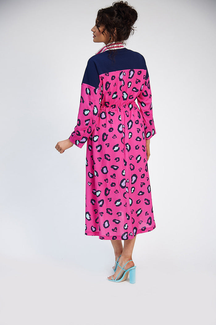 Katie Drawstring Dress (Pink Print/Navy)