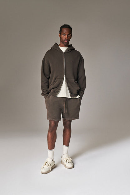LAUNDERED CLASSICS ZIP THROUGH HOODIE - WASHED BROWN