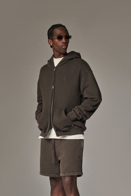 LAUNDERED CLASSICS ZIP THROUGH HOODIE - WASHED BROWN