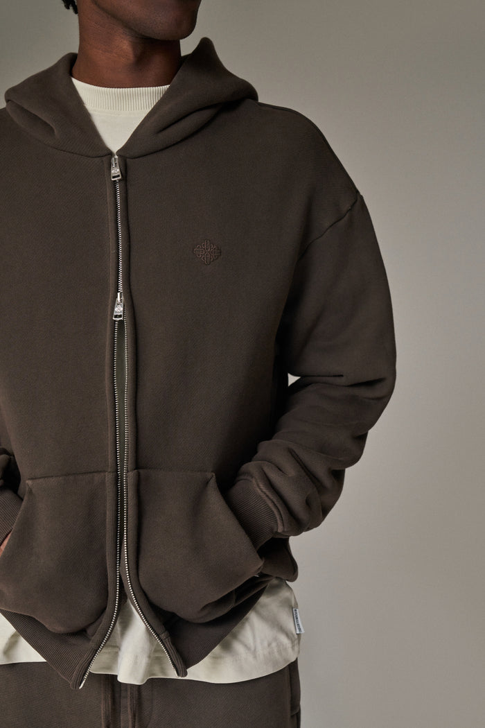 LAUNDERED CLASSICS ZIP THROUGH HOODIE - WASHED BROWN