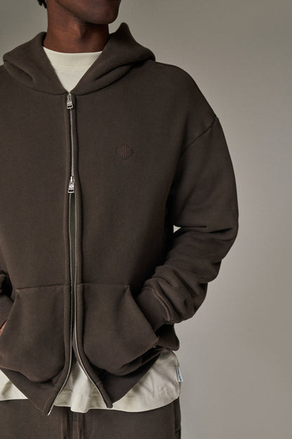 LAUNDERED CLASSICS ZIP THROUGH HOODIE - WASHED BROWN
