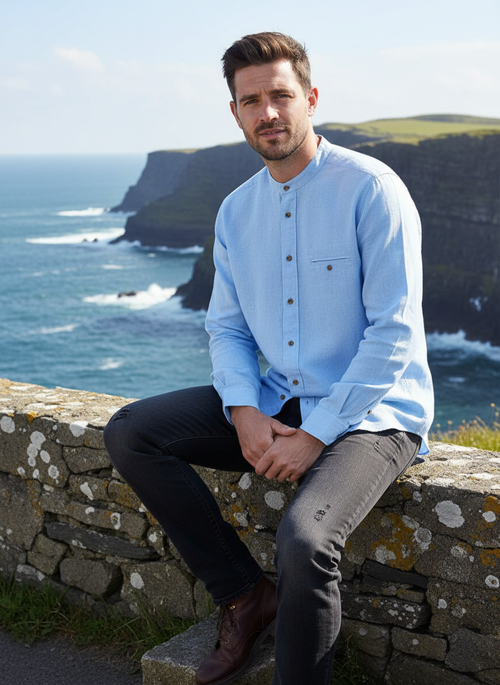 Sky blue grandfather shirt with correct buttons - seated