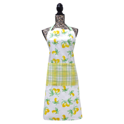 Lemons design apron with yellow, green and white checked pocket