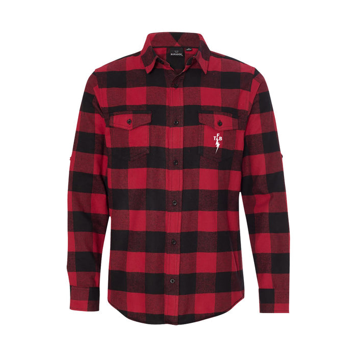 Red and black The Front Bottoms flannel shirt with long sleeves, two chest pockets, buttoned front, and a small white embroidered design on the left pocket. Shirt is shown on a plain white background.