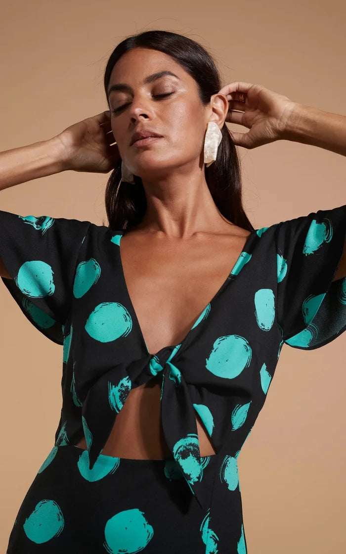 LILY DRESS (GREEN ON BLACK DOT)