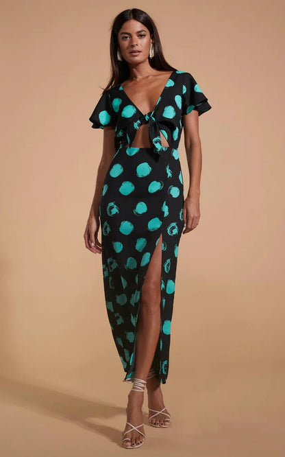 LILY DRESS (GREEN ON BLACK DOT)