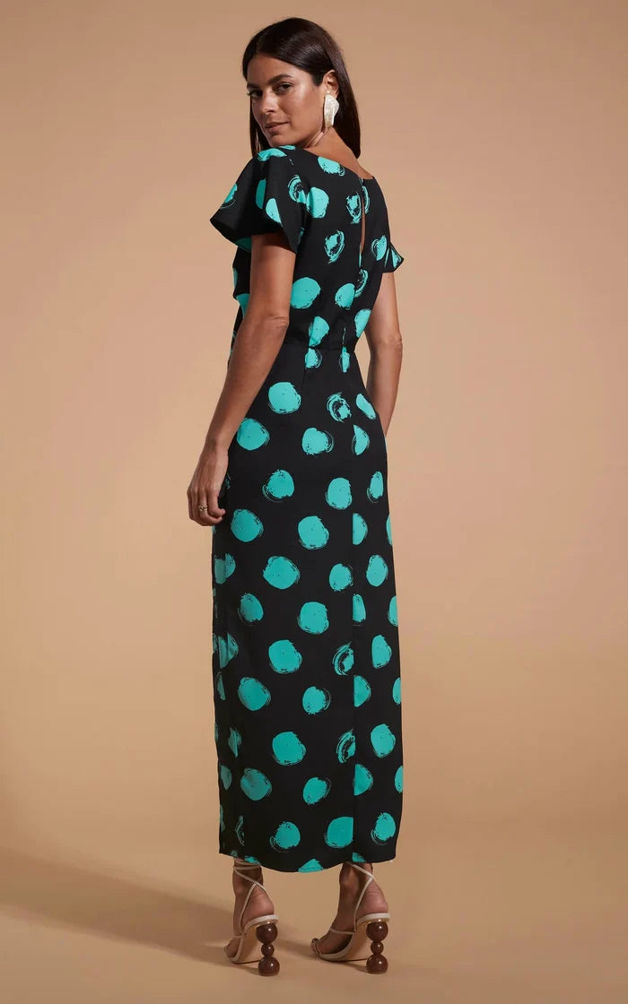 LILY DRESS (GREEN ON BLACK DOT)