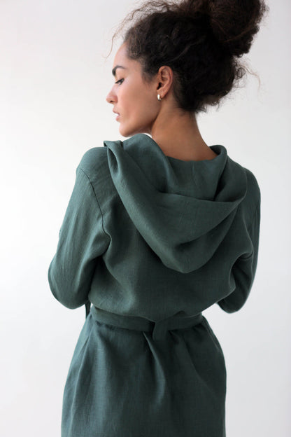 Linen Bathrobe CALLA with a hood in Green