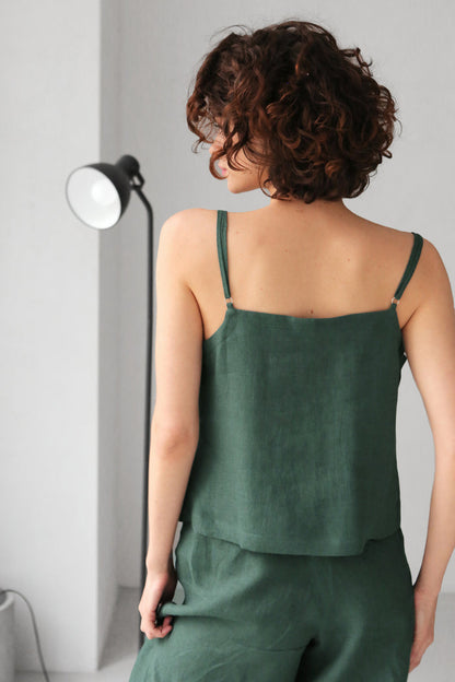 Linen V-Neck Tank Top CAMELLIA in Green